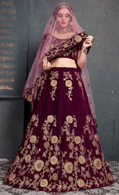 Purple Embroidered Velvet Semi Stitched Lehenga With Dupatta 5