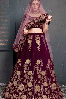 Purple Embroidered Velvet Semi Stitched Lehenga With Dupatta
