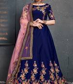 Dark Blue Embroidered Satin Semi Stitched Lehenga With Dupatta