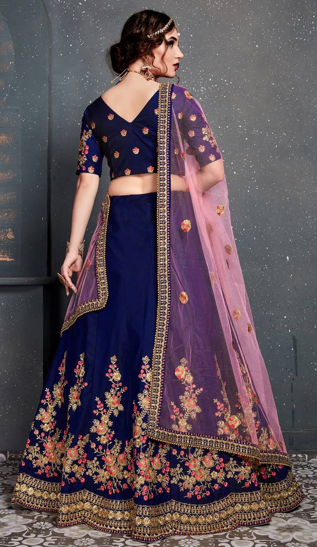 Dark Blue Embroidered Satin Semi Stitched Lehenga With Dupatta