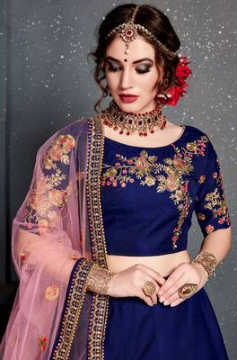 Dark Blue Embroidered Satin Semi Stitched Lehenga With Dupatta 3