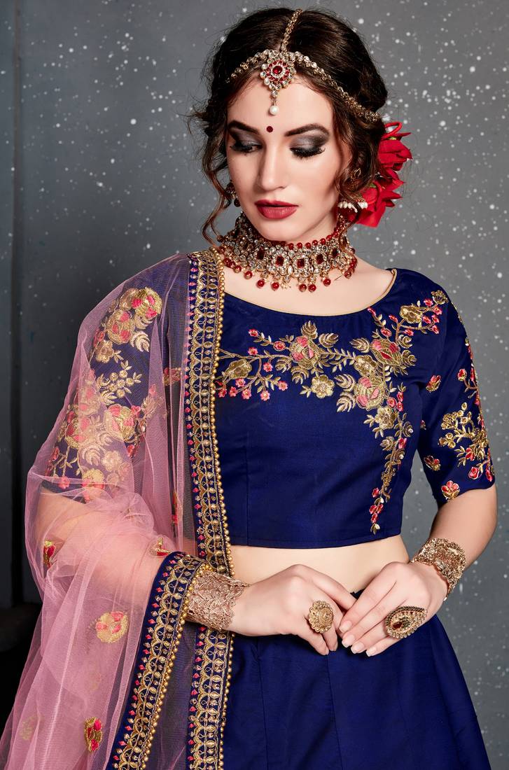 Dark Blue Embroidered Satin Semi Stitched Lehenga With Dupatta