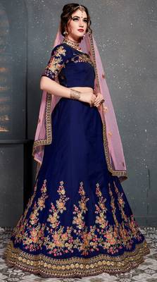 Dark Blue Embroidered Satin Semi Stitched Lehenga With Dupatta 4