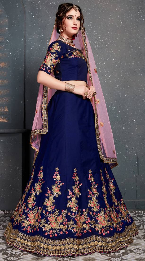 Dark Blue Embroidered Satin Semi Stitched Lehenga With Dupatta