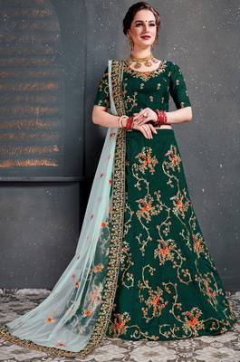 Green Embroidered Satin Semi Stitched Lehenga With Dupatta 1