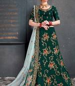 Green Embroidered Satin Semi Stitched Lehenga With Dupatta