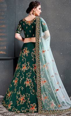 Green Embroidered Satin Semi Stitched Lehenga With Dupatta 2