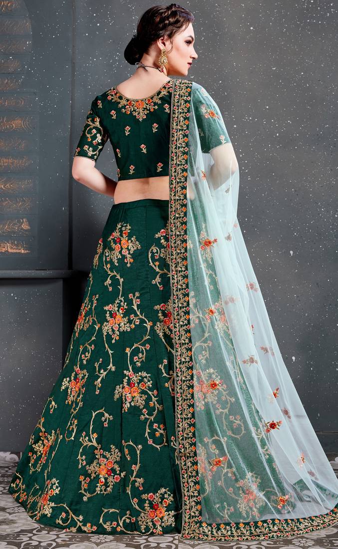 Green Embroidered Satin Semi Stitched Lehenga With Dupatta