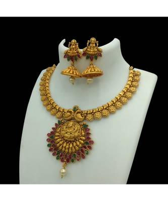 Temple South Indian  Matte Gold Goddess Laxmi Traditional Necklaces Jewellery Set 1