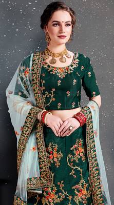 Green Embroidered Satin Semi Stitched Lehenga With Dupatta 3