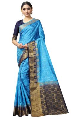turquoise woven banarasi saree with blouse 1