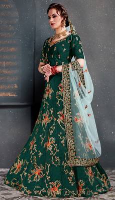 Green Embroidered Satin Semi Stitched Lehenga With Dupatta 4