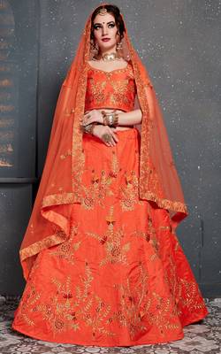 Orange Embroidered Silk Semi Stitched Lehenga With Dupatta 1