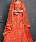 Orange Embroidered Silk Semi Stitched Lehenga With Dupatta