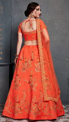 Orange Embroidered Silk Semi Stitched Lehenga With Dupatta 2
