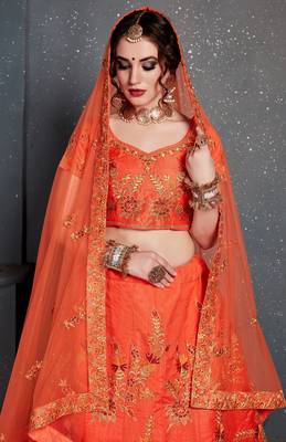 Orange Embroidered Silk Semi Stitched Lehenga With Dupatta 3