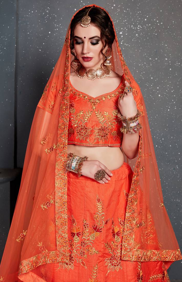 Orange Embroidered Silk Semi Stitched Lehenga With Dupatta