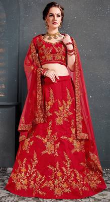 Red Embroidered Silk Semi Stitched Lehenga With Dupatta 1