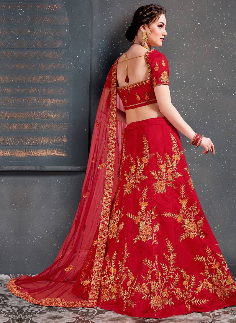 Red Embroidered Silk Semi Stitched Lehenga With Dupatta