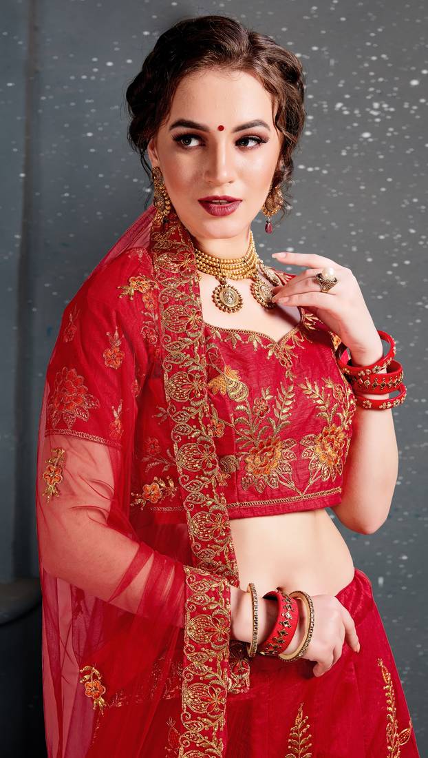 Red Embroidered Silk Semi Stitched Lehenga With Dupatta