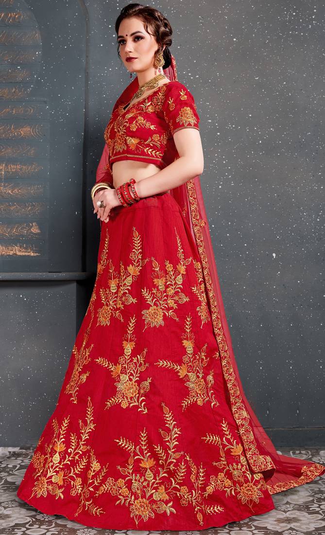 Red Embroidered Silk Semi Stitched Lehenga With Dupatta