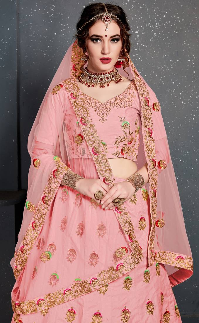 Light Pink Embroidered Silk Semi Stitched Lehenga With Dupatta