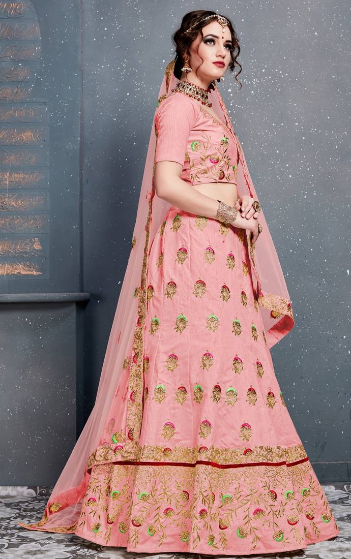 Light Pink Embroidered Silk Semi Stitched Lehenga With Dupatta