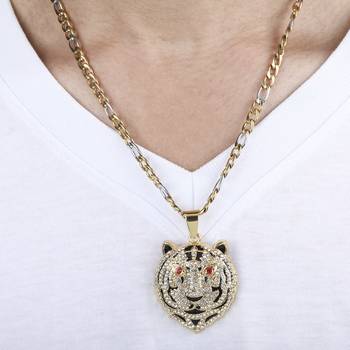 Silverplated Stylist Figaro Chain With Tiger Design Pendant With Diamond Studded For Men And Boy Jewellery 3