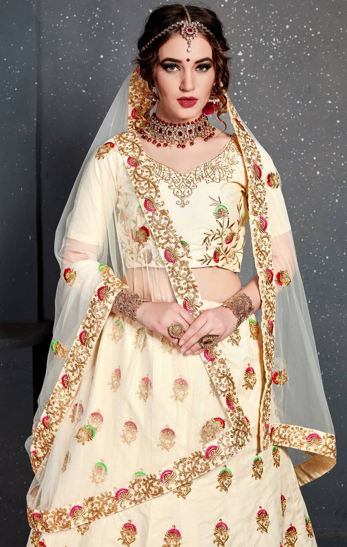 Cream Embroidered Silk Semi Stitched Lehenga With Dupatta