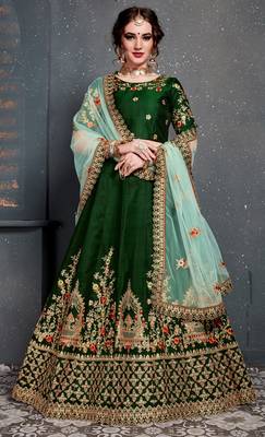 Dark Green Embroidered Satin Semi Stitched Lehenga With Dupatta 1