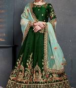 Dark Green Embroidered Satin Semi Stitched Lehenga With Dupatta