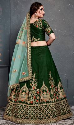 Dark Green Embroidered Satin Semi Stitched Lehenga With Dupatta 2