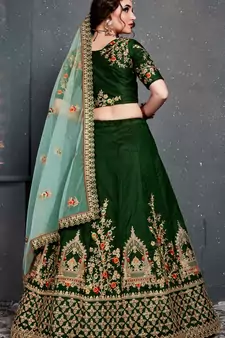 Dark Green Embroidered Satin Semi Stitched Lehenga With Dupatta