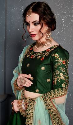 Dark Green Embroidered Satin Semi Stitched Lehenga With Dupatta 3