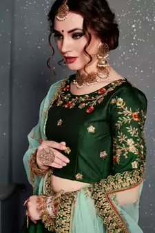 Dark Green Embroidered Satin Semi Stitched Lehenga With Dupatta
