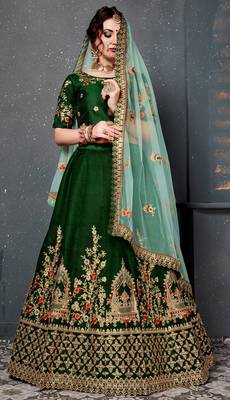 Dark Green Embroidered Satin Semi Stitched Lehenga With Dupatta 4