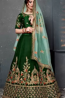 Dark Green Embroidered Satin Semi Stitched Lehenga With Dupatta
