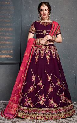 Purple Embroidered Satin Semi Stitched Lehenga With Dupatta 1