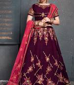 Purple Embroidered Satin Semi Stitched Lehenga With Dupatta