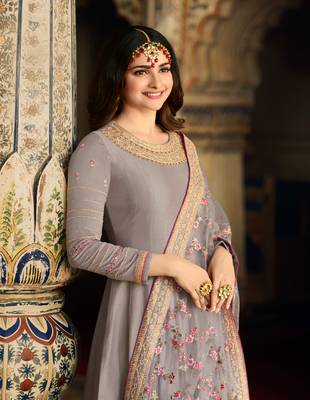 Grey Embroidered Georgette Semi Stitched Salwar With Dupatta 3