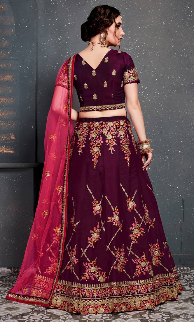 Purple Embroidered Satin Semi Stitched Lehenga With Dupatta