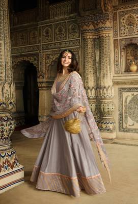 Grey Embroidered Georgette Semi Stitched Salwar With Dupatta 4