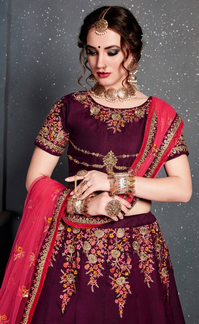 Purple Embroidered Satin Semi Stitched Lehenga With Dupatta