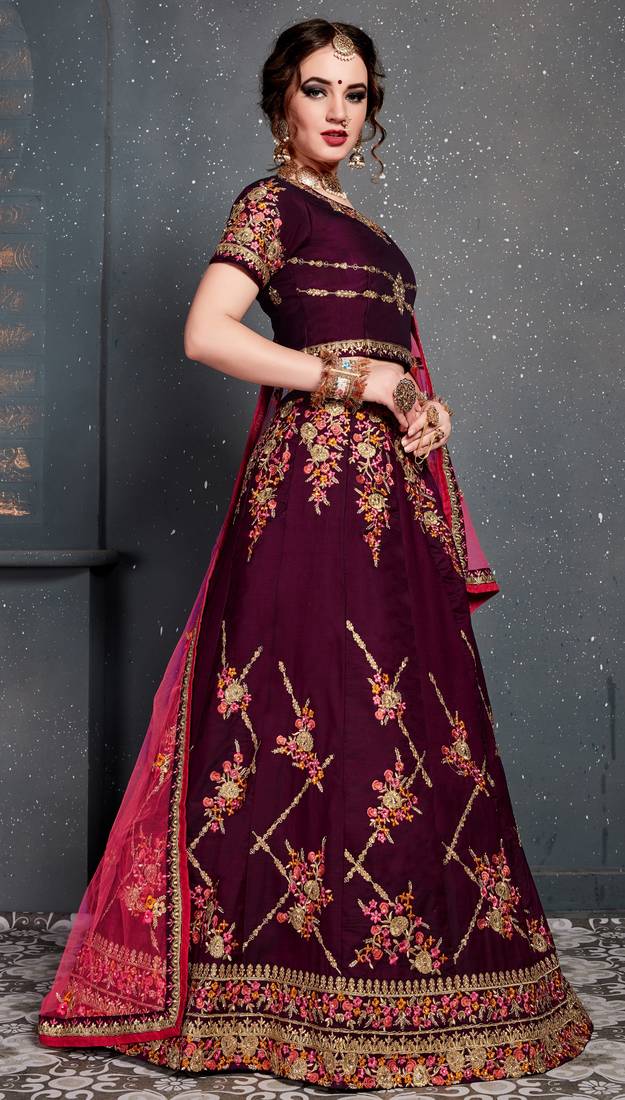 Purple Embroidered Satin Semi Stitched Lehenga With Dupatta