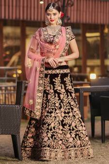 Maroon Embroidered Velvet Semi Stitched Lehenga With Dupatta