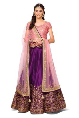 Purple Embroidered Silk Semi Stitched Lehenga With Dupatta 1