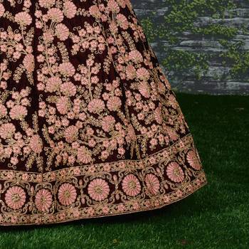 Maroon Embroidered Velvet Semi Stitched Lehenga With Dupatta 2