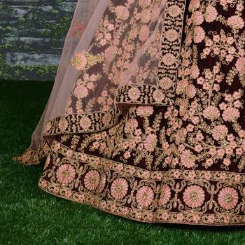 Maroon Embroidered Velvet Semi Stitched Lehenga With Dupatta 3