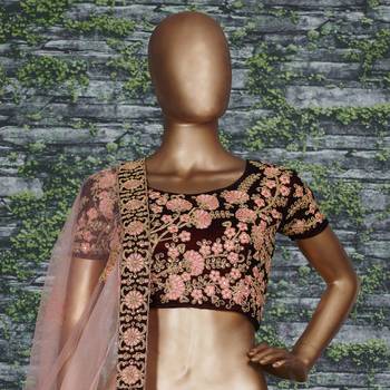 Maroon Embroidered Velvet Semi Stitched Lehenga With Dupatta 4