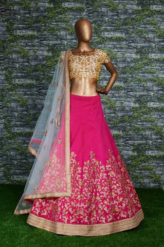 Pink Embroidered Silk Semi Stitched Lehenga With Dupatta